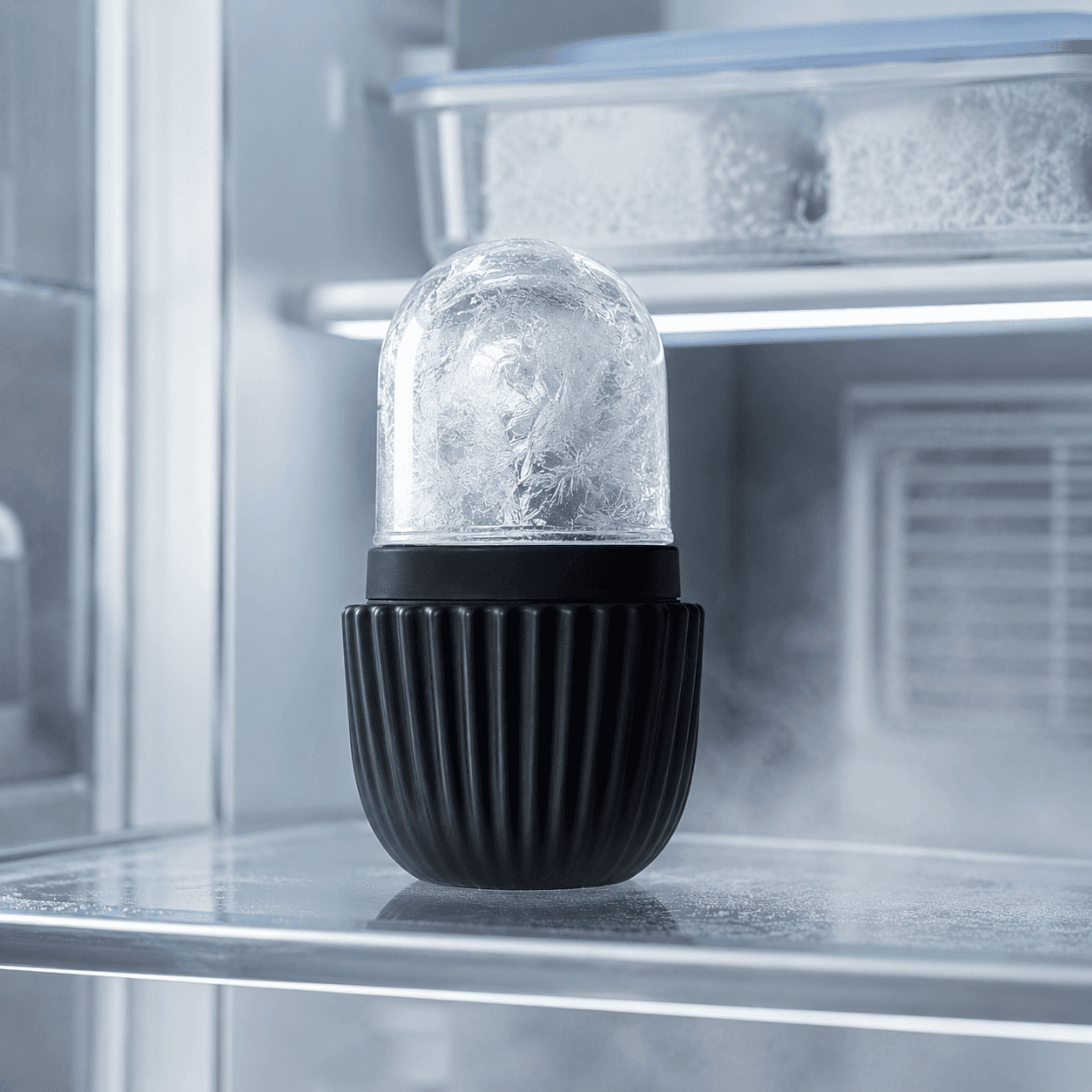 The ice roller resting on a freezer shelf, ready for the morning.
